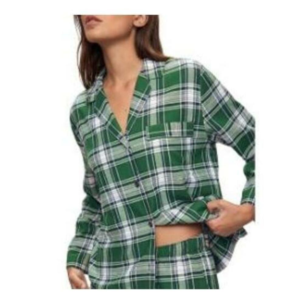 Eberjey Women's Flannel Long Pj TOP Only Tartan Plaid Forest Green XL